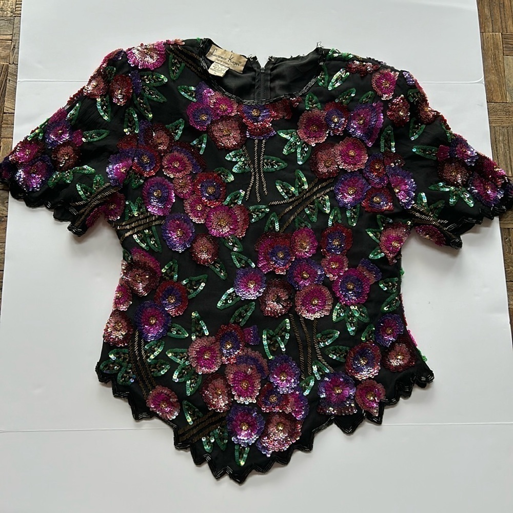 Laurence Kazar New York Vintage Beaded Sequin Multi Color Top Petite Large